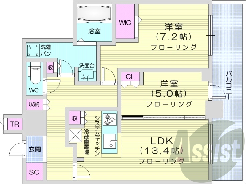 2LDK、システムキッチン、シャワートイレ、追い焚き