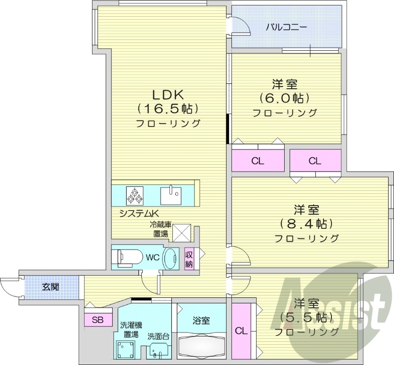 3LDK、追い焚き、対面キッチン、エアコン