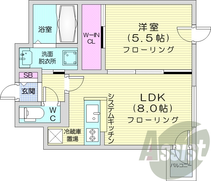 1LDK、システムキッチン、都市ガス、エアコン