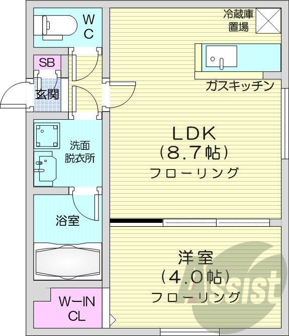 1LDK、都市ガス、エアコン、浴室乾燥機