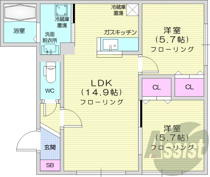 2LDK、対面キッチン、シャワートイレ、独立洗面台