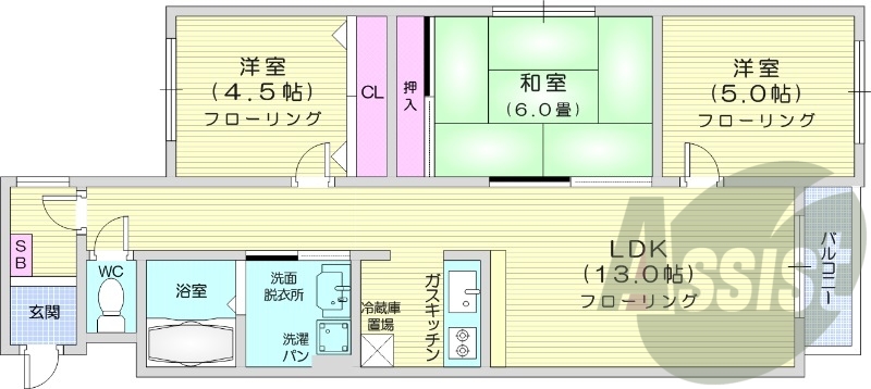 3LDK、独立洗面台、バストイレ別、光ファイバー