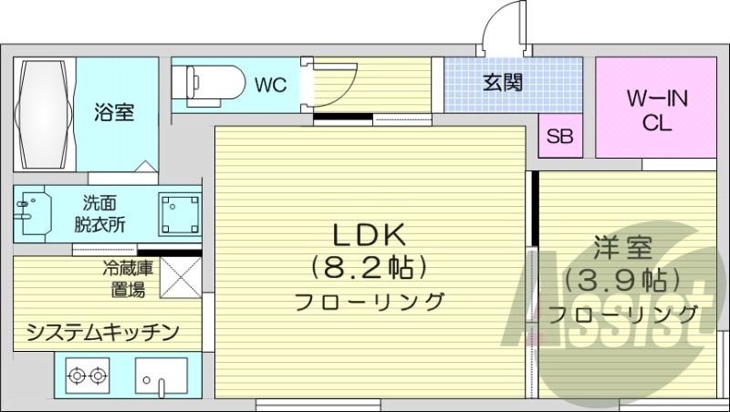 1LDK、システムキッチン、エアコン、独立洗面台