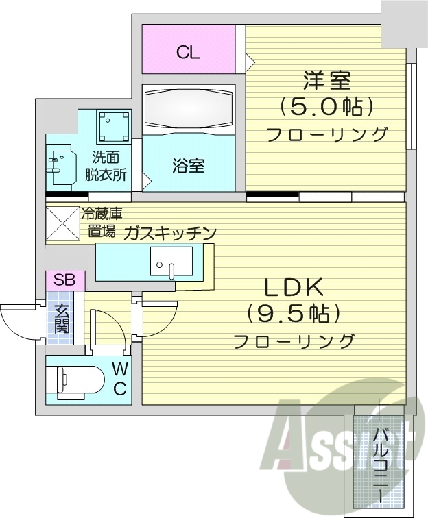 1LDK、洗面台独立、バルコニー、バストイレ別