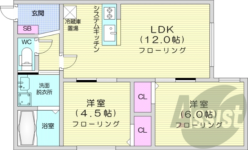 2LDK、都市ガス、エアコン、システムキッチン、浴室乾燥機