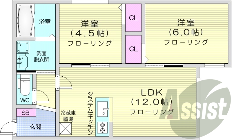 2LDK、都市ガス、エアコン、システムキッチン、浴室乾燥機