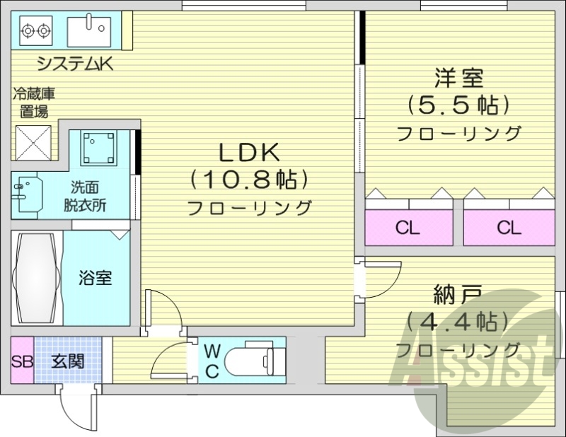 2LDK、都市ガス、エアコン、システムキッチン、浴室乾燥機