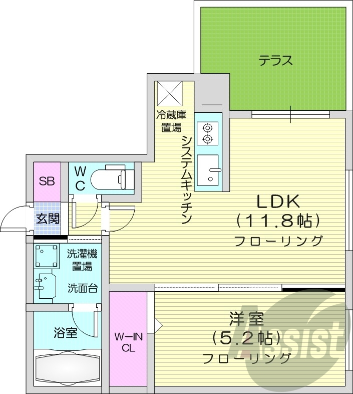 1LDK、都市ガス、エアコン、追い焚き、システムキッチン