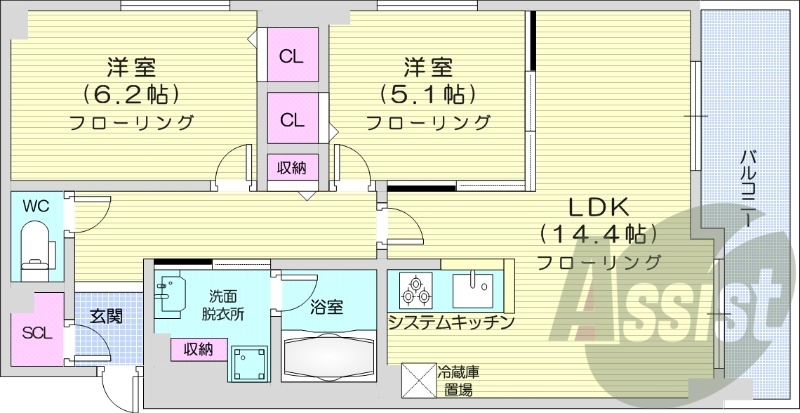 2LDK、クローゼット、床暖房、浴室乾燥機、ウォシュレット