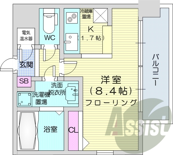 1K、バストイレ別、バルコニー、クローゼット、オール電化