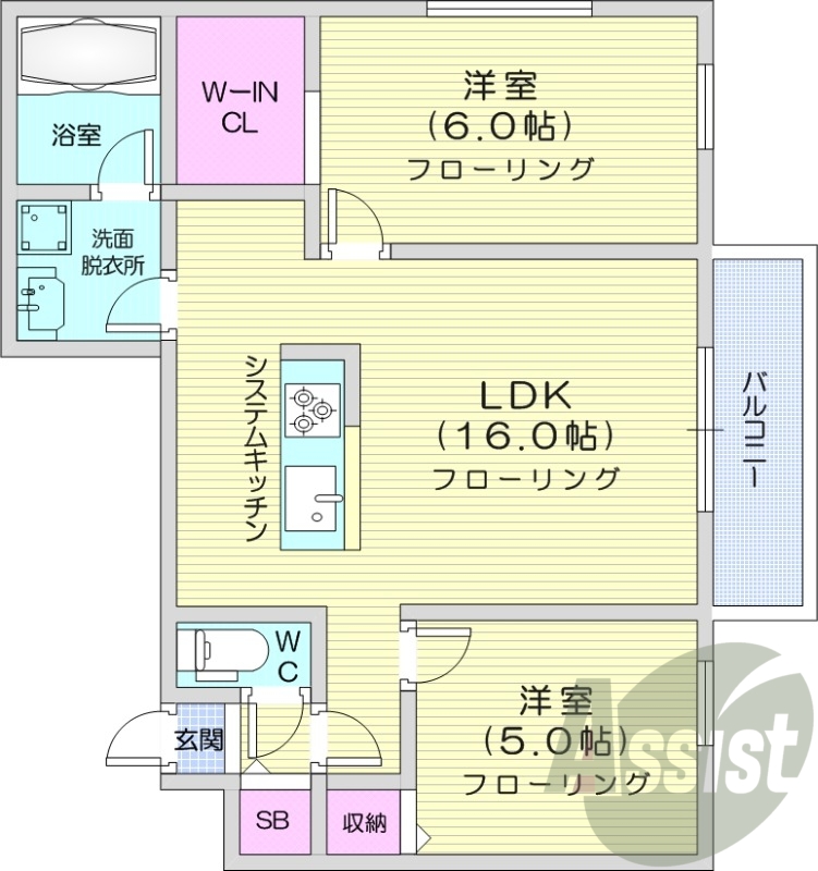 2LDK、エアコン、浴室乾燥機、システムキッチン