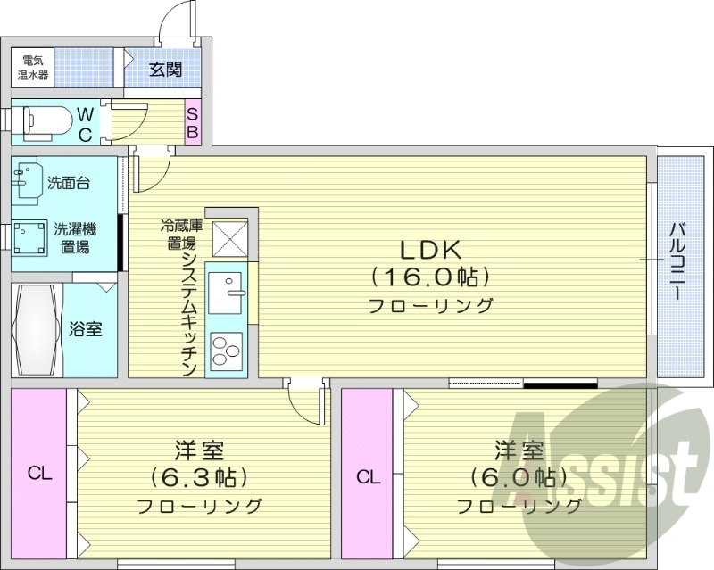 2LDK、電気暖房、一坪バス、システムキッチン、オートロック