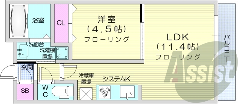 1LDK、都市ガス、エアコン、ネット無料、角部屋
