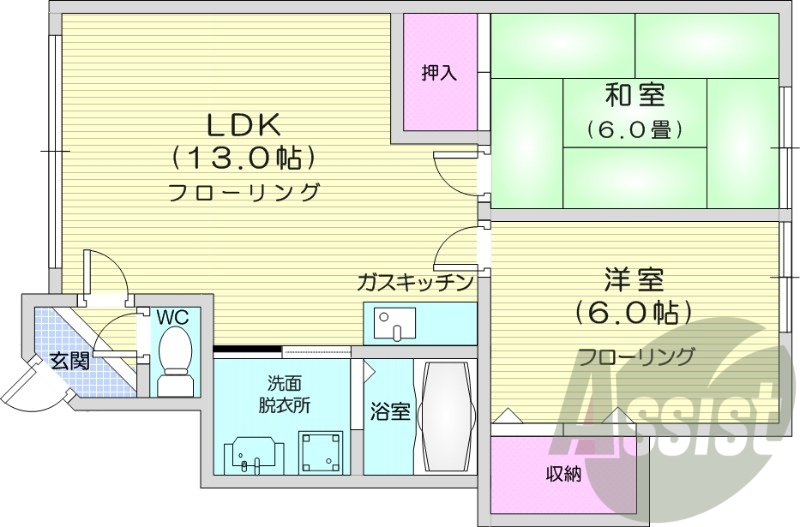 2LDK、灯油給湯、ネット使用料不要、バストイレ別