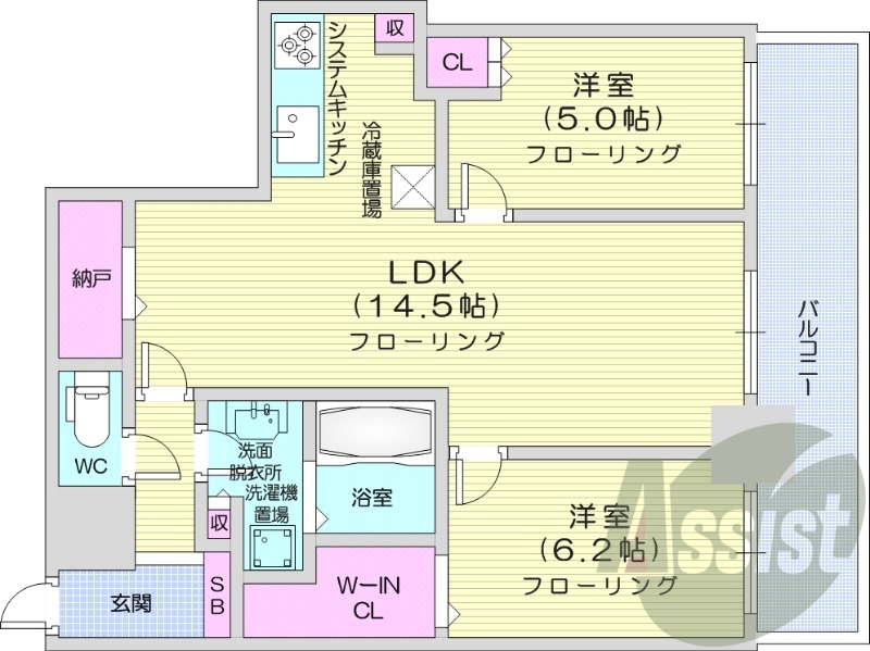 2LDK、システムキッチン、シャワートイレ、追い焚き