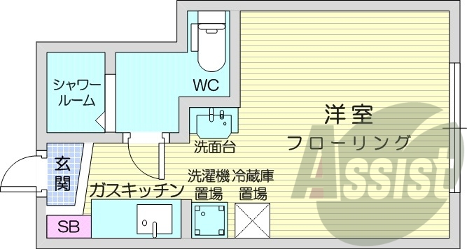 1R、都市ガス、独立洗面台、インターホン、シューズボックス
