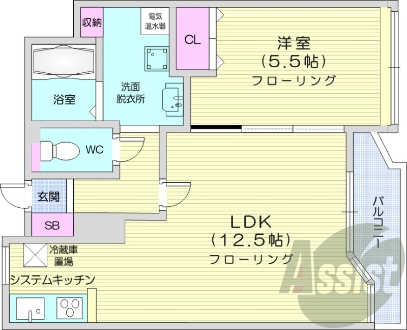 1LDK、オール電化、独立洗面台、システムキッチン