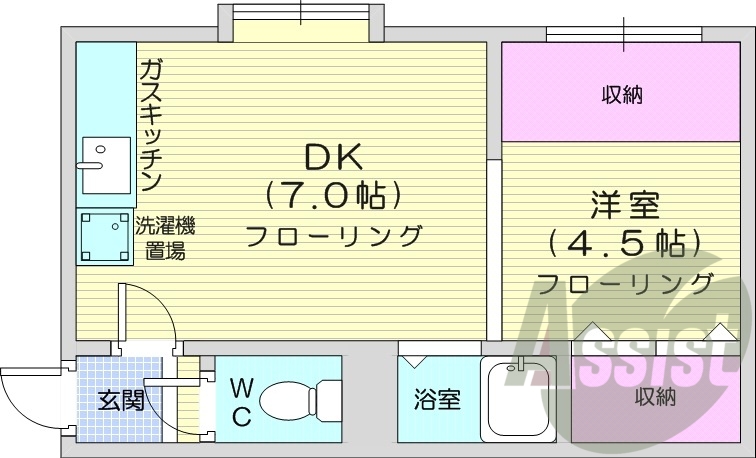 1DK、エアコン、灯油暖房、バストイレ別、ガスキッチン