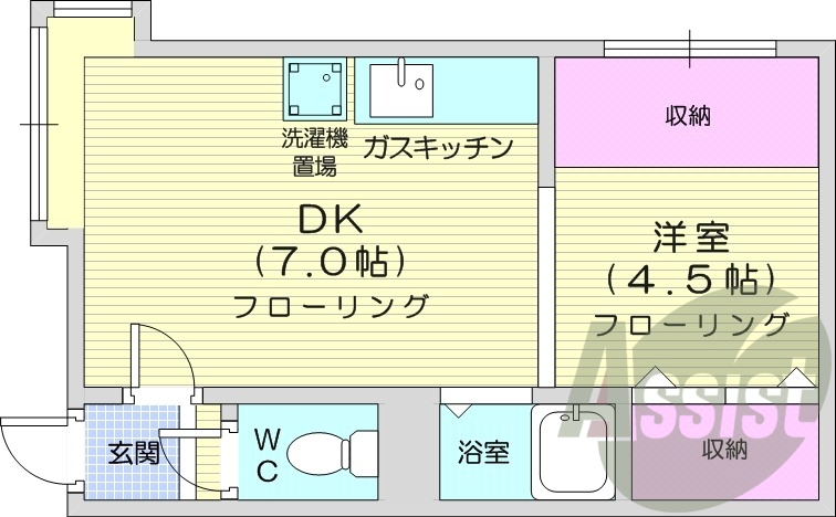 1DK、灯油暖房、バストイレ別、ガスキッチン