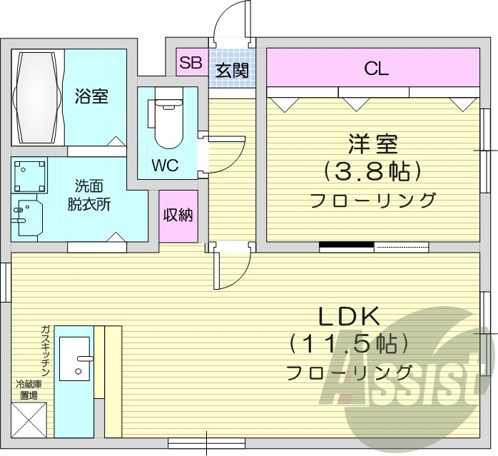 1LDK、エアコン、シャワートイレ、灯油暖房