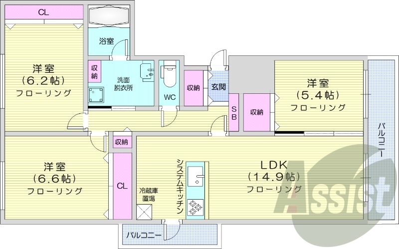 3LDK、収納、洗濯機置場、都市ガス、バストイレ別