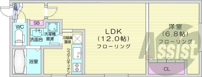 1LDK、システムキッチン、シューズボックス