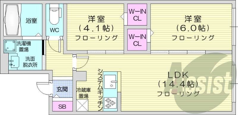 2LDK、エアコン、都市ガス、システムキッチン