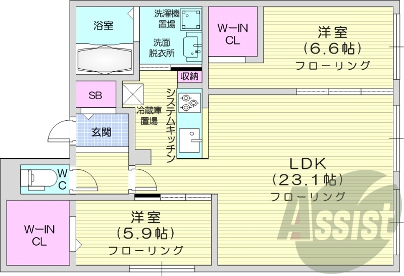 2LDK、エアコン、都市ガス、システムキッチン