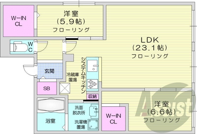 2LDK、エアコン、都市ガス、システムキッチン