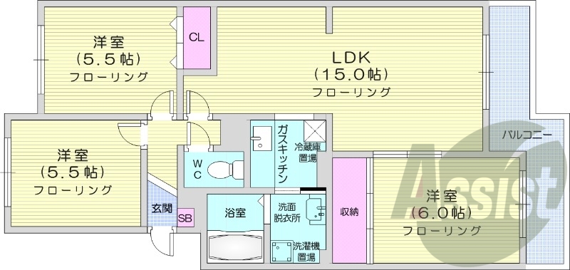 3LDK、独立洗面台、灯油暖房、トランクルーム、トイレ風呂別
