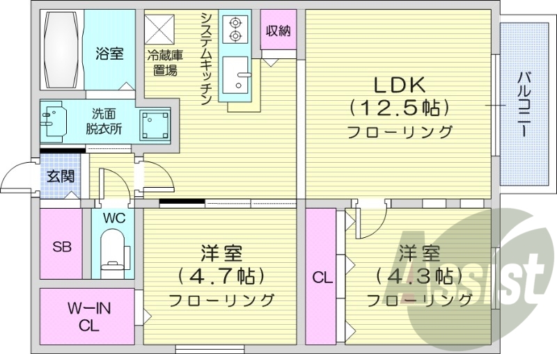 2LDK、エアコン、ネット無料、WIC、オートロック