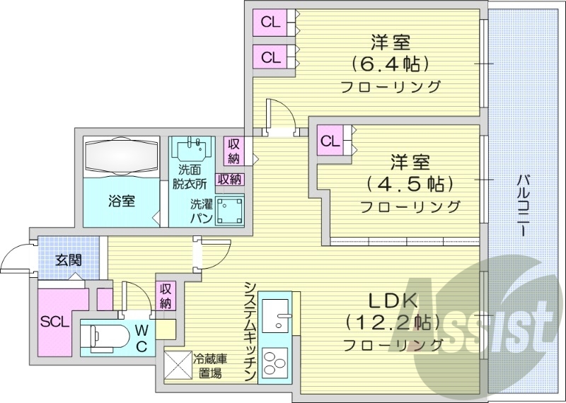 2LDK、システムキッチン、床暖房、シャワートイレ