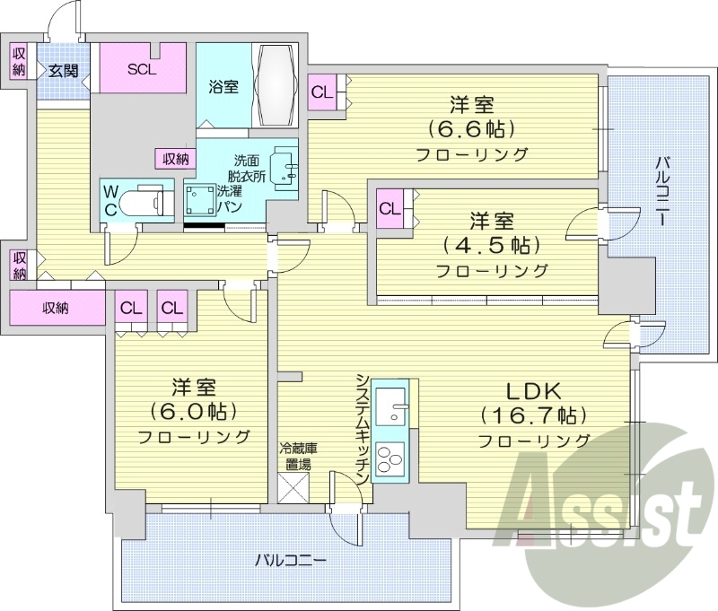 3LDK、システムキッチン、床暖房、シャワートイレ