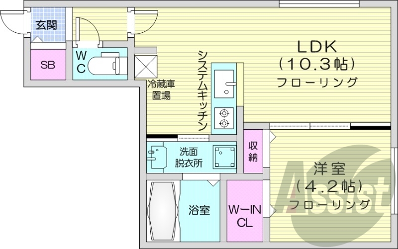 1LDK、都市ガス、エアコン、システムキッチン、浴室乾燥機
