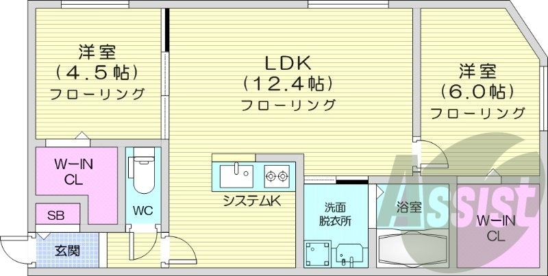 2LDK、都市ガス、エアコン、システムキッチン、浴室乾燥機