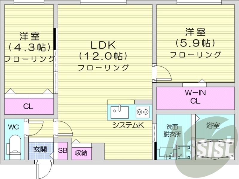 2LDK、都市ガス、エアコン、システムキッチン、浴室乾燥機