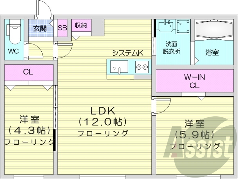 2LDK、都市ガス、エアコン、システムキッチン、浴室乾燥機