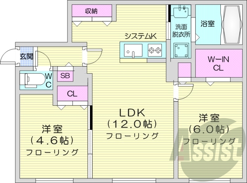 2LDK、都市ガス、エアコン、システムキッチン、浴室乾燥機
