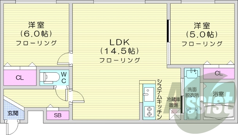 2LDK、エアコン、システムキッチン、ネット無料