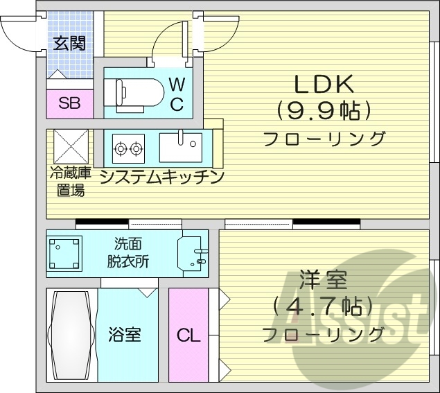 1LDK、エアコン、システムキッチン、ネット無料