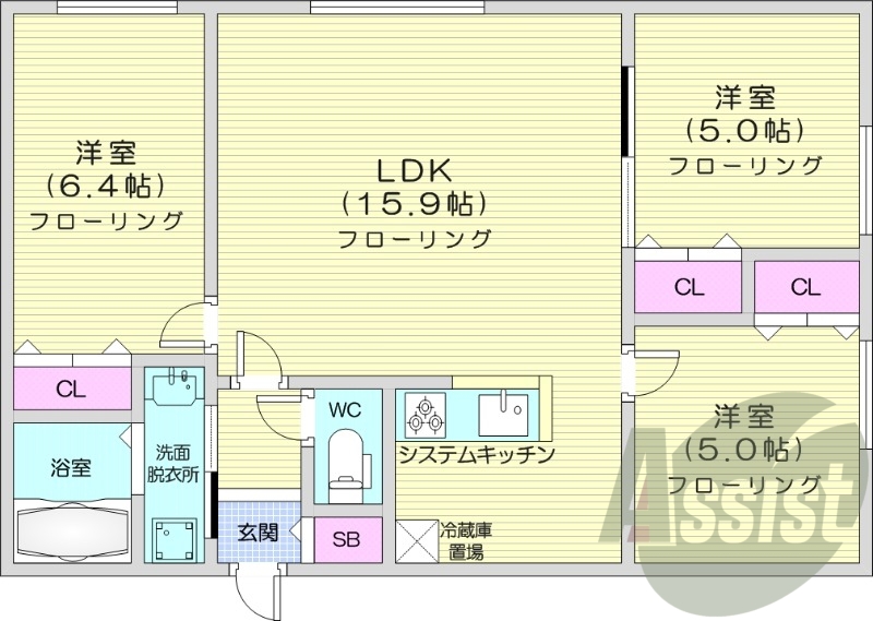 3LDK、エアコン、システムキッチン、ネット無料
