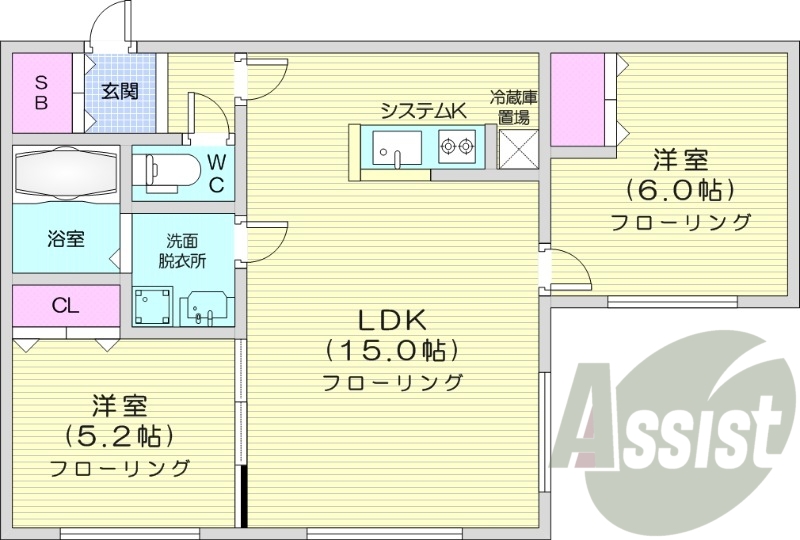 2LDK、エアコン、システムキッチン、追い焚き