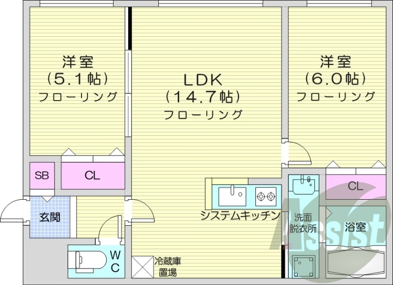 2LDK、エアコン、システムキッチン、追い焚き