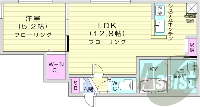 1LDK、都市ガス、エアコン、システムキッチン、
