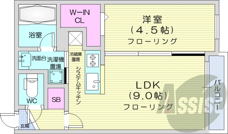 1LDK、エアコン、都市ガス、システムキッチン