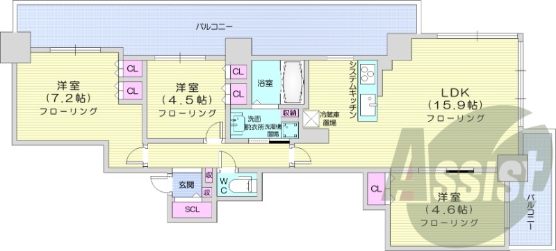 3LDK、システムキッチン、床暖房、シャワートイレ