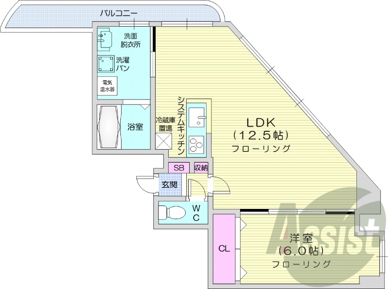 1LDK、オール電化、独立洗面台、システムキッチン