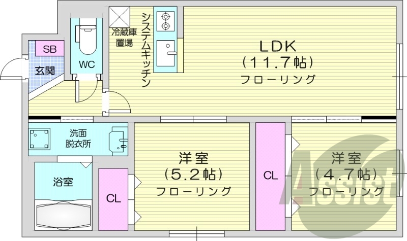 2LDK、エアコン、都市ガス、独立洗面台