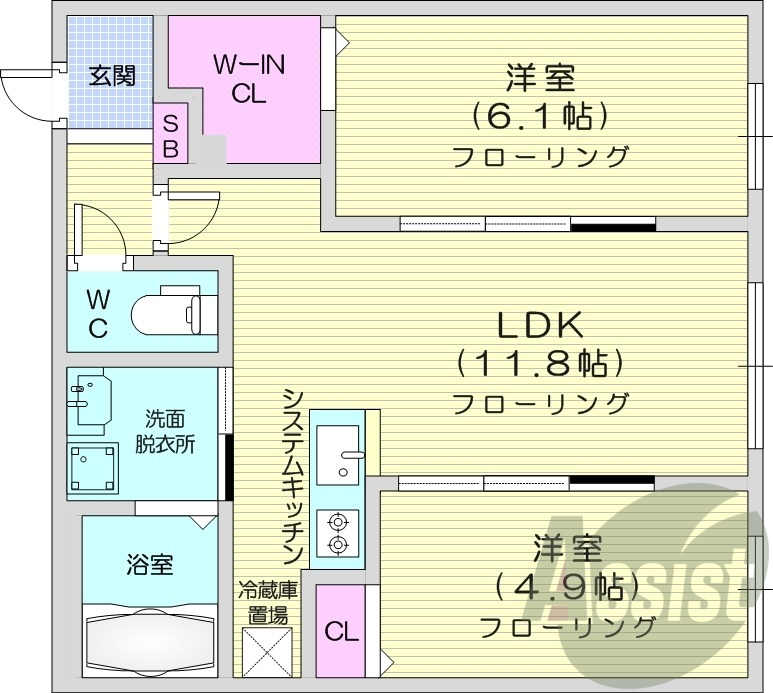 2LDK、エアコン、都市ガス、独立洗面台