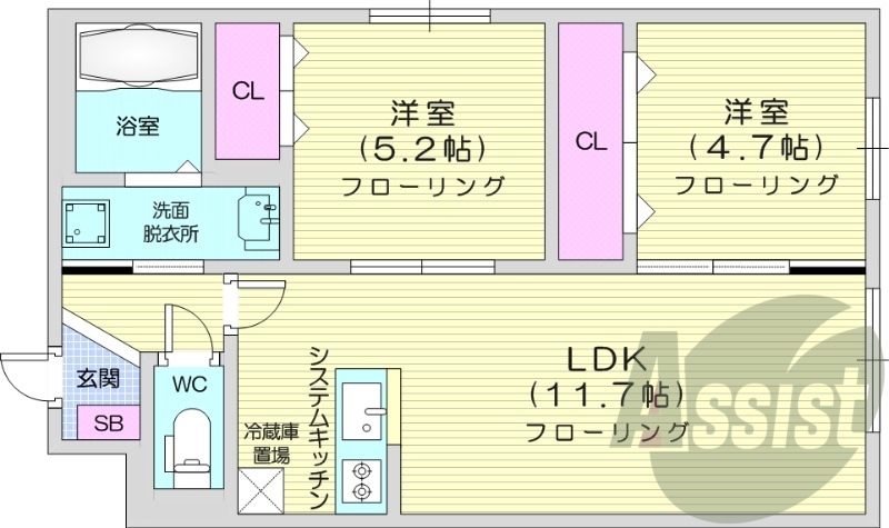 2LDK、エアコン、都市ガス、独立洗面台